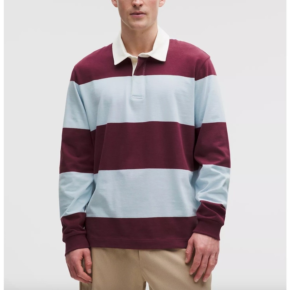 LULULEMON Long Sleeve Cotton Rugby Shirt in Wide Stripe Burgundy Bay Foam Cloud